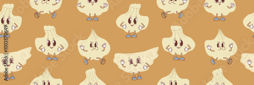 Seamless pattern of funny Pelmeni in kawaii style. Vector illustration. Vector illustration.