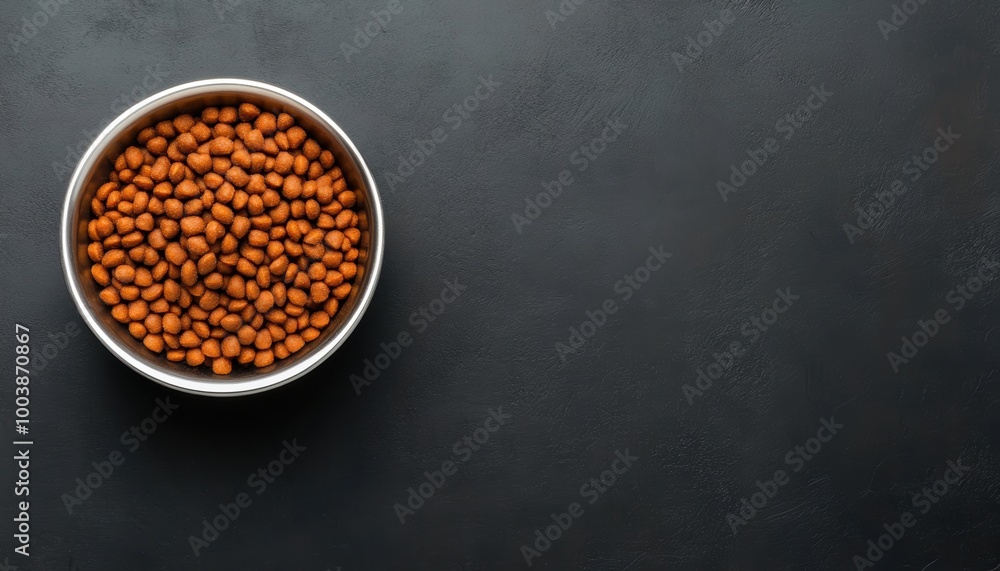 A stainless steel bowl filled with dry brown dog food pellets placed on a dark textured background with empty space. A stainless steel bowl filled with dry brown dog food pellets placed on a dark textured background with empty space.