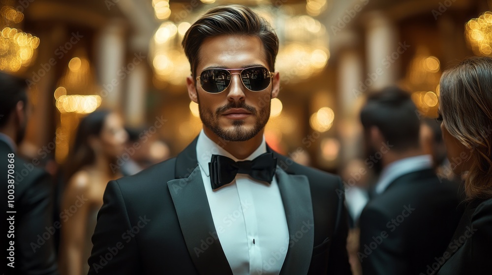A man in a black suit and white shirt with a bow tie and sunglasses A man in a black suit and white shirt with a bow tie and sunglasses