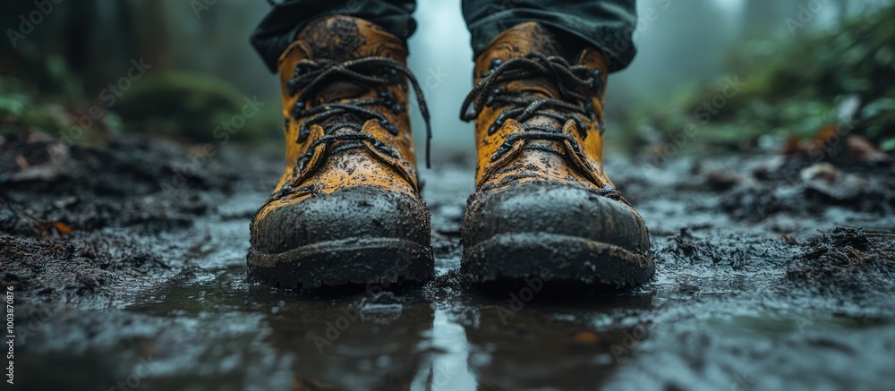 A pair of muddy yellow hiking boots in a puddle. A pair of muddy yellow hiking boots in a puddle.