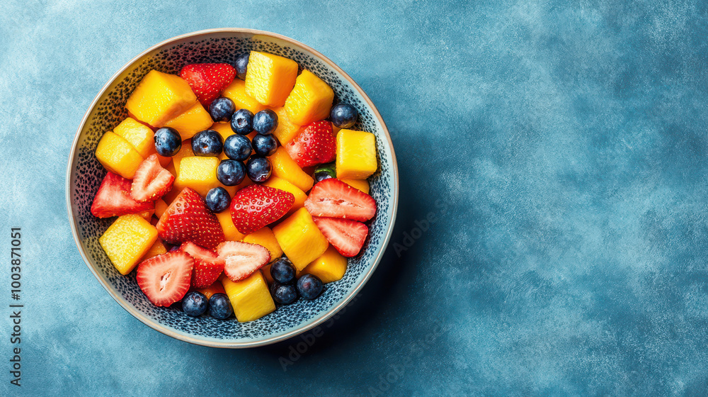 mix of mango, strawberry, and grapes in a fruit pot on blue textured background mix of mango, strawberry, and grapes in a fruit pot on blue textured background