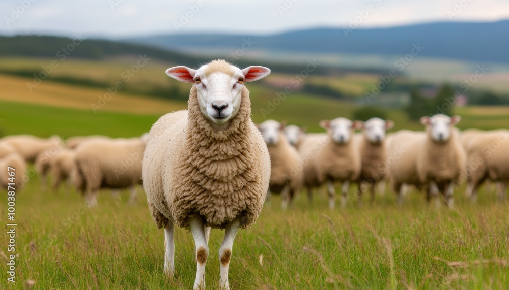 A sheep standing in a green field with a herd grazing in the background under a cloudy sky. A sheep standing in a green field with a herd grazing in the background under a cloudy sky.