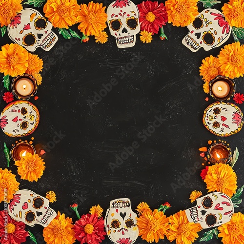 Dia de los Muertos inspired Halloween card with sugar skull border framing a large central area for text, marigold flowers and candles in the corners photo