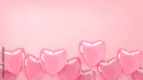 Horizontal Valentine's Day banner with many heart shaped helium foil balloons on pastel pink background. Bottom frame of realistic 3D balloons. Vector HD template with copy space for romantic design.