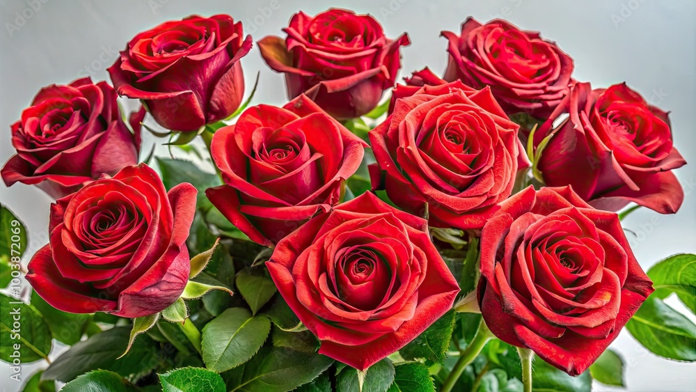 A stunning bouquet of twelve vibrant red roses adorned with lush green leaves, set against a soft white background, perfect for elegant decor. A stunning bouquet of twelve vibrant red roses adorned with lush green leaves, set against a soft white background, perfect for elegant decor.