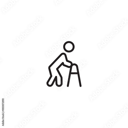 Line art icon of an elderly person using a walker. Elderly person with mobility aid, using a walker. Icon of an individual using a walker.