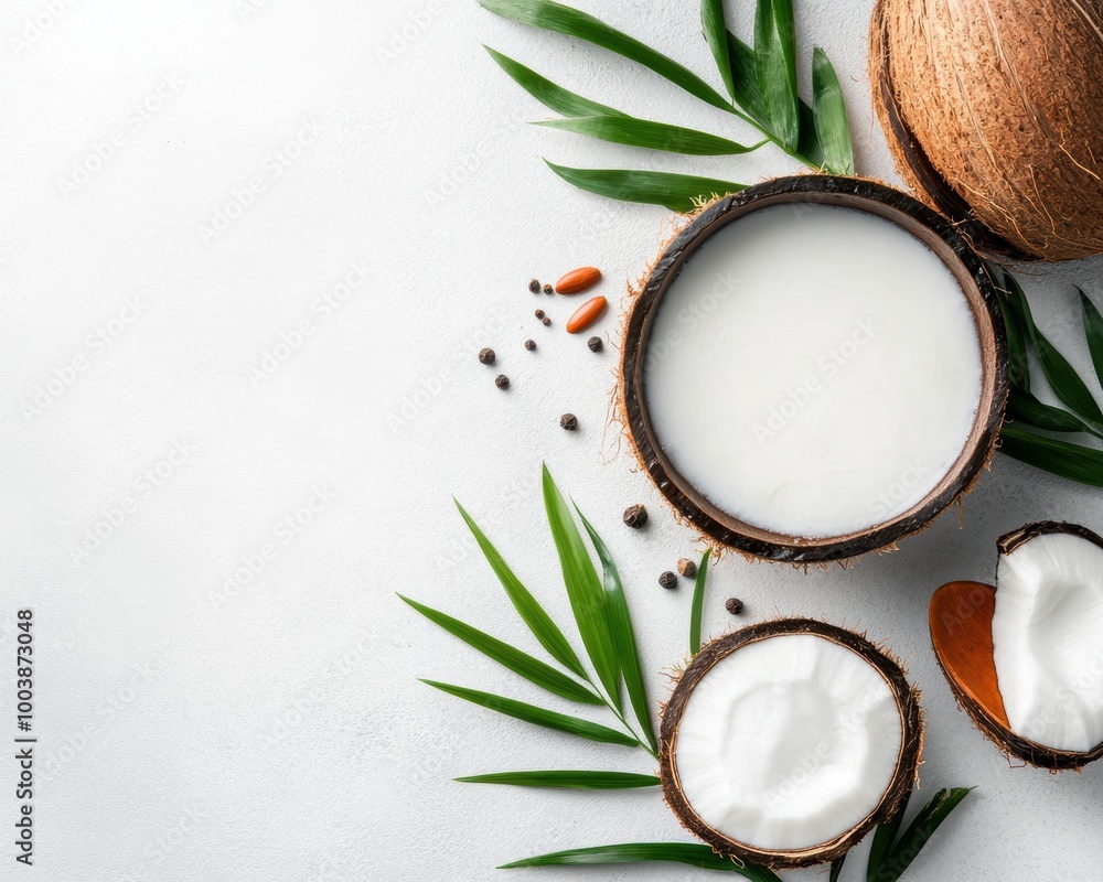 Coconut halves with milk and green leaves on white isolated background. Coconut halves with milk and green leaves on white isolated background.