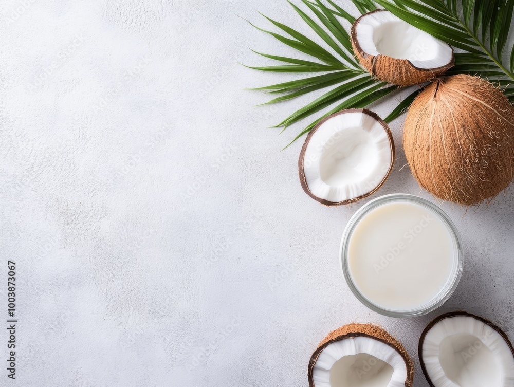 Coconut milk in glass with fresh coconuts and palm leaves on a white background. Coconut milk in glass with fresh coconuts and palm leaves on a white background.