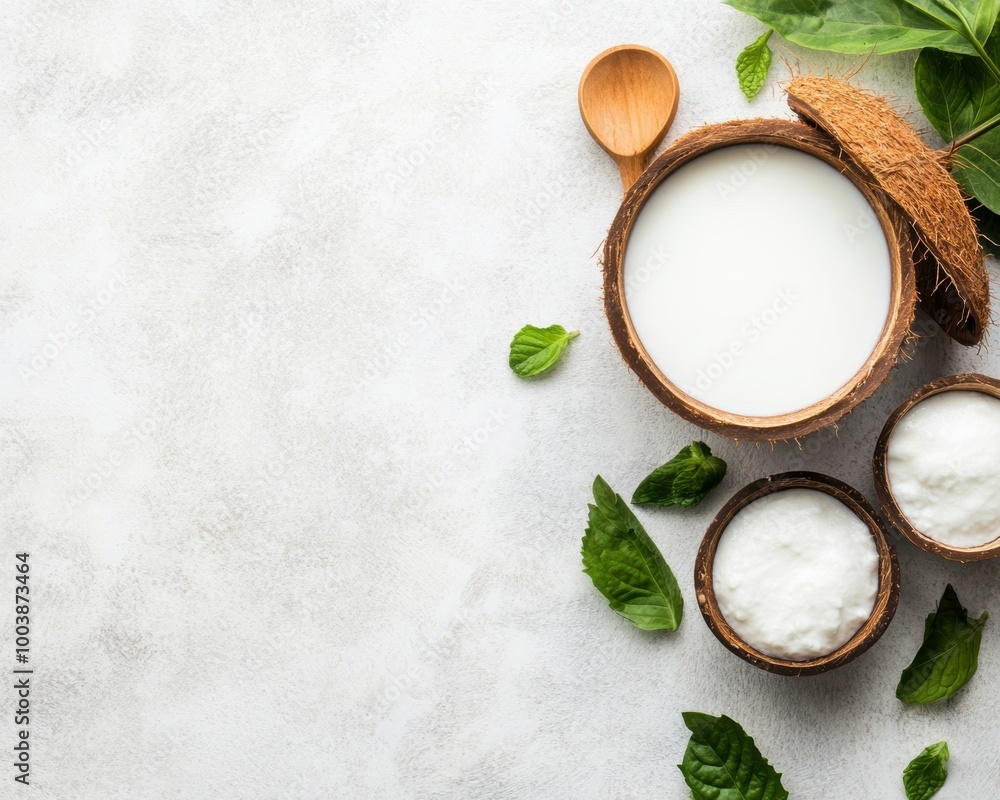 Creamy dairy products in natural containers with fresh mint leaves on a light background. Creamy dairy products in natural containers with fresh mint leaves on a light background.
