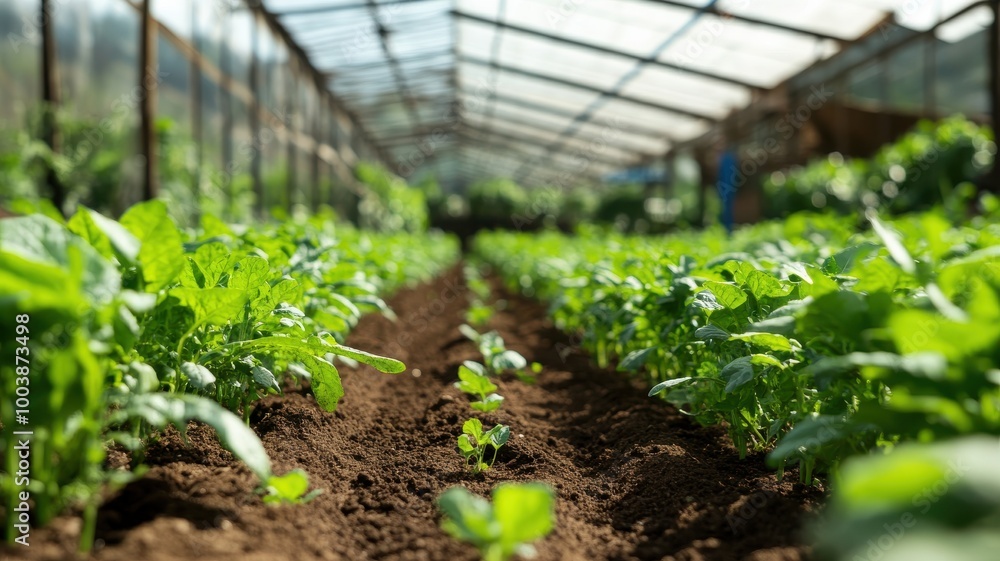 Lush green plants growing in a vibrant greenhouse environment. Lush green plants growing in a vibrant greenhouse environment.