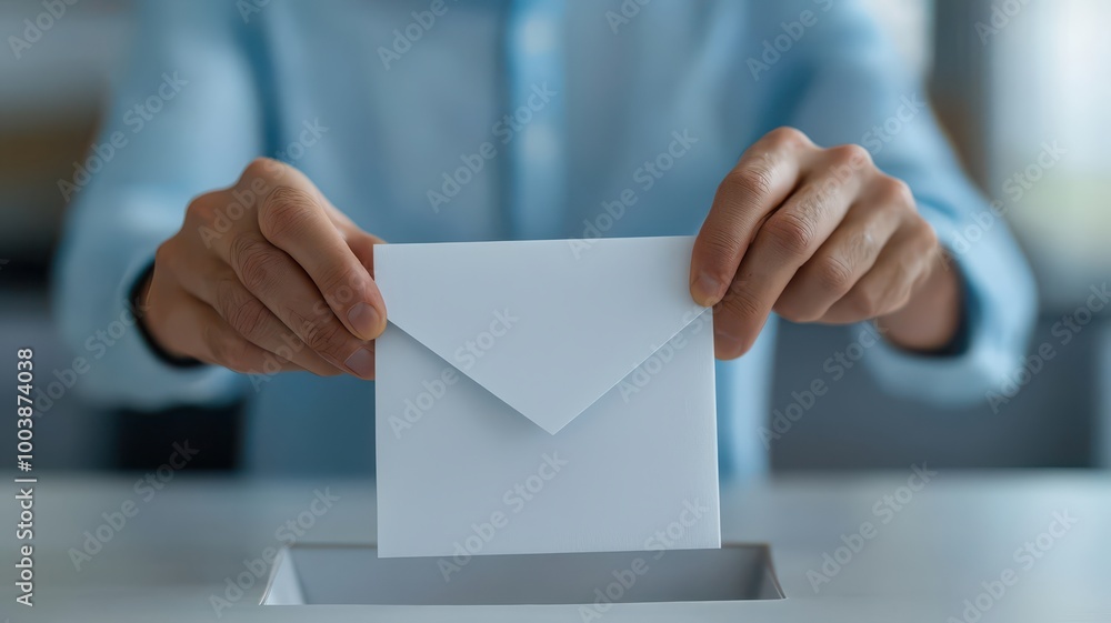 A person is placing a letter into an envelope, suggesting communication or mailing. A person is placing a letter into an envelope, suggesting communication or mailing.