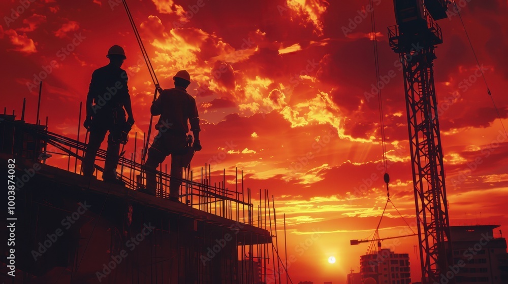 Fototapeta premium Silhouetted construction workers stand against a fiery sunset, with cranes and scaffolding creating a striking industrial scene.
