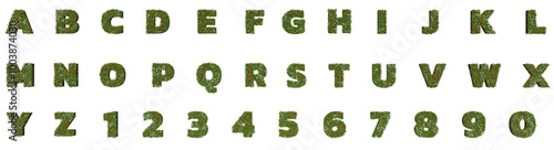 3D render of Green alphabet A-Z font letters and number isolated on transparent background. High resolution