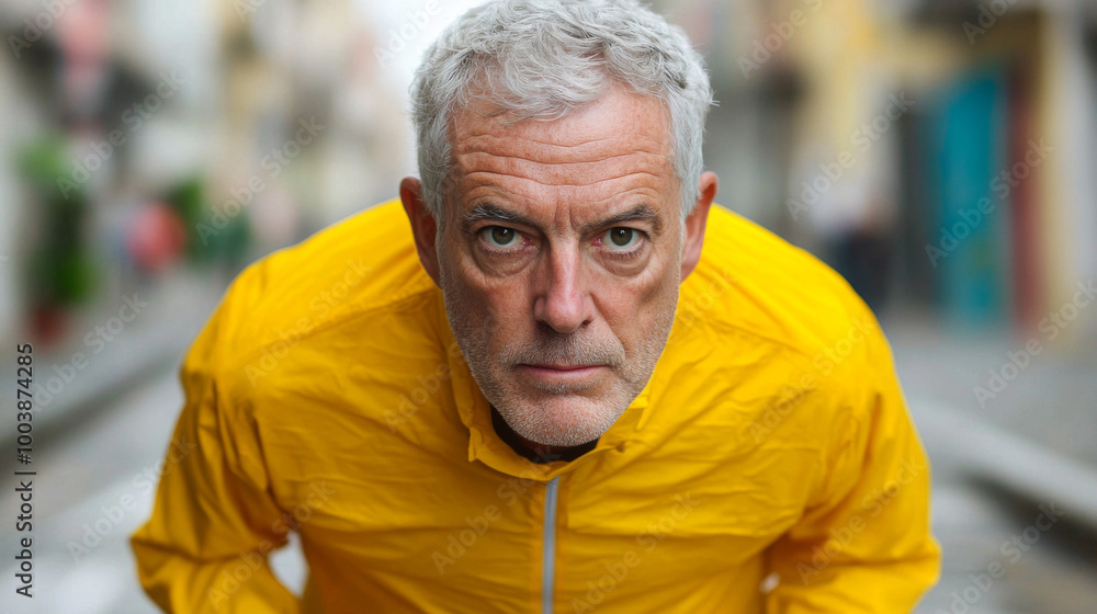 Senior runner in a yellow jacket prepares for a run on a city street during daylight Senior runner in a yellow jacket prepares for a run on a city street during daylight