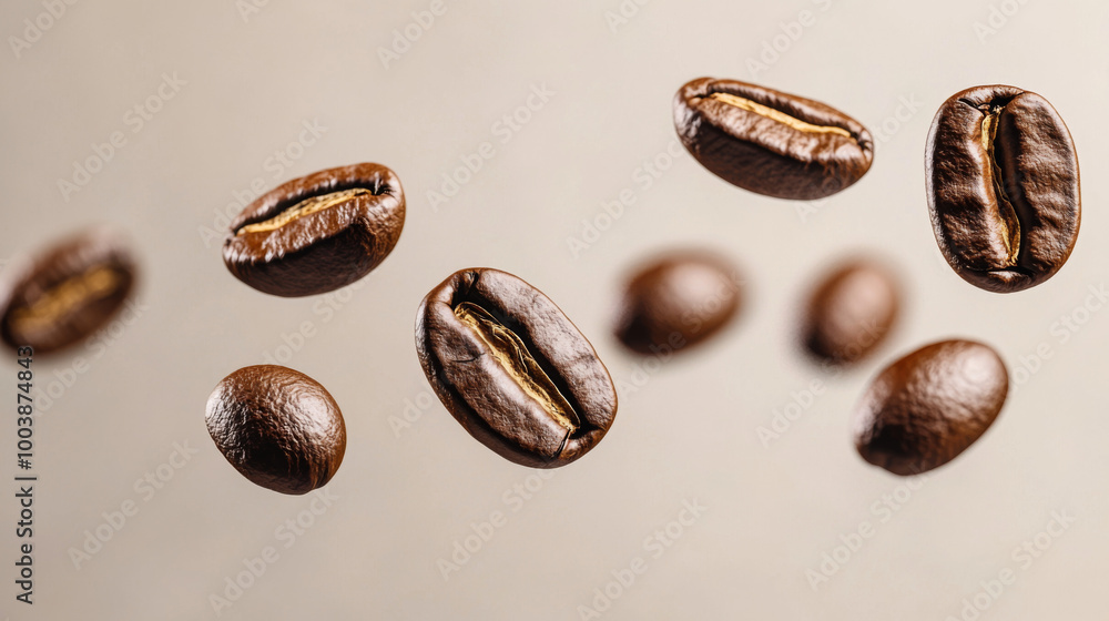 Coffee beans floating in air against a textured background showcasing their rich color and texture Coffee beans floating in air against a textured background showcasing their rich color and texture