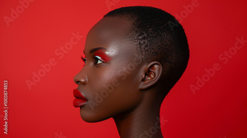 African model, short hair, side view, close-up isolated on red background