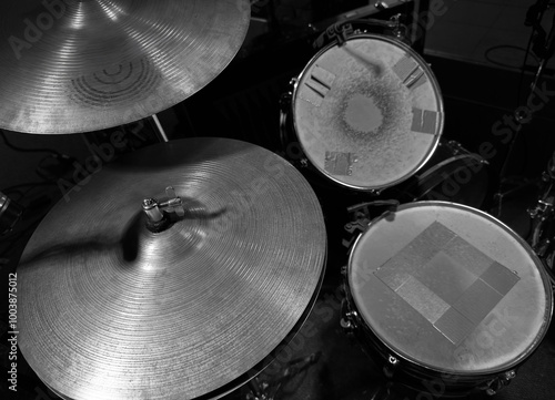 Set of drums. Detail of a drum kit closeup. The concept of a live concert. Drum set on rock concert stage. Professional musical instruments for drummer musician. Drumming instrument on rock festival.