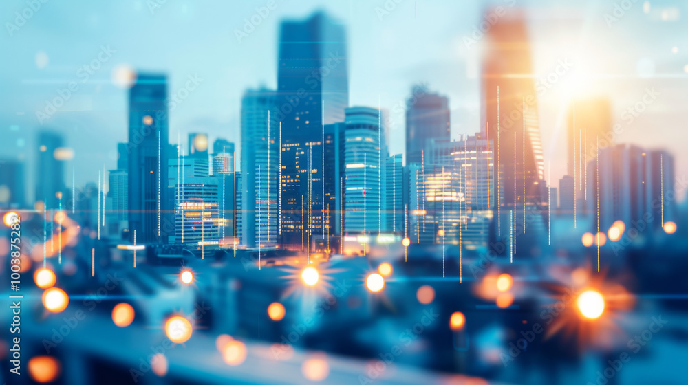 City skyline with modern skyscrapers illuminated at sunset creating a vibrant urban atmosphere City skyline with modern skyscrapers illuminated at sunset creating a vibrant urban atmosphere