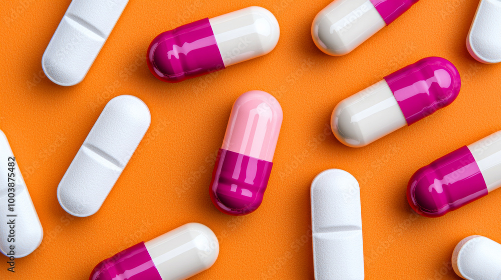 Various capsules scattered on an orange surface illustrating pharmaceutical products and colors Various capsules scattered on an orange surface illustrating pharmaceutical products and colors