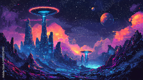 A collection of pixel art icons featuring classic science fiction elements like UFOs, aliens, and planets, designed in a retro 60s style with a glowing, futuristic effect photo