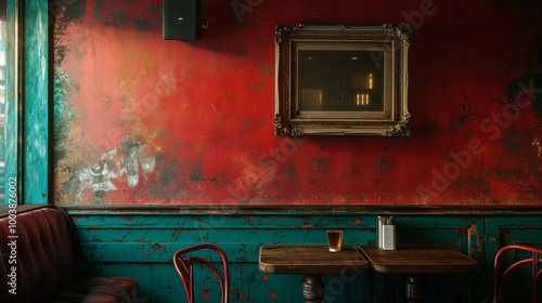 A blank picture frame hanging on the old textured wooden wall in a cosy old english or irish pub