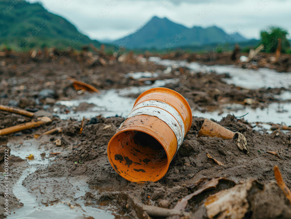 A lone orange barrel rests in the muddy aftermath of a powerful flood. Debris from the torrent covers the landscape, with distant mountains standing as a silent backdrop to the destruction. A lone orange barrel rests in the muddy aftermath of a powerful flood. Debris from the torrent covers the landscape, with distant mountains standing as a silent backdrop to the destruction.