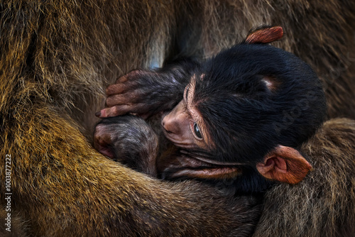 Barbary macaque and child took image with cell phone, wild monkey in Gibraltar. Only one monkey species on European continent. Urban wildlife on top of Rock og Gibraltar. Animal in nature with human.