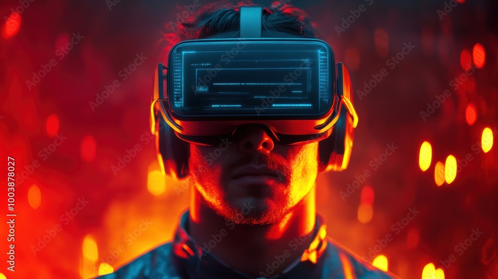 Man using VR headset in a vibrant digital environment. Man using VR headset in a vibrant digital environment.