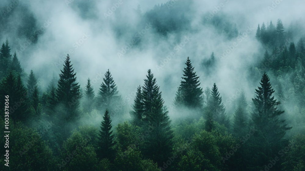 Misty Forest Landscape with Tall Pine Trees Misty Forest Landscape with Tall Pine Trees