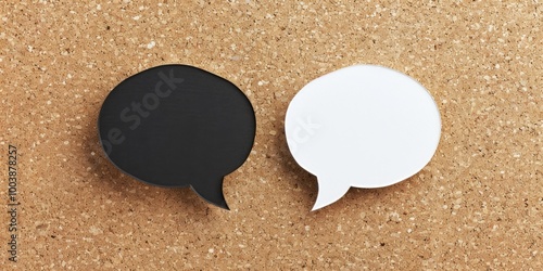 Detailed view of a pair of dialogue bubbles affixed to a bulletin board. photo