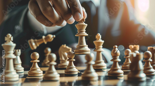 Close-up business man hand moving chess piece on chess table