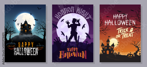 Happy Halloween posters set with night clouds and pumpkins in paper-cut style. Vector illustration. Full moon, witch cauldron, spider web, and flying bat.