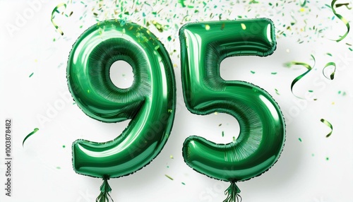 Green birthday / anniversary balloon, number 95, white background with confetti photo