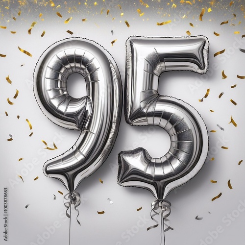 Silver birthday / anniversary balloon, number 95, white background with confetti photo