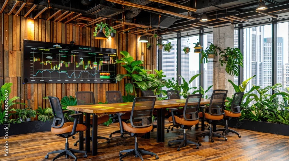Fototapeta premium Modern Office Space with Meeting Table and Plants