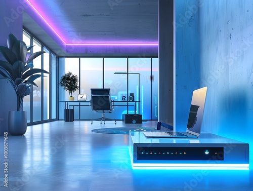 Futuristic High Tech Home Office with Quantum Router and Holographic Interfaces photo