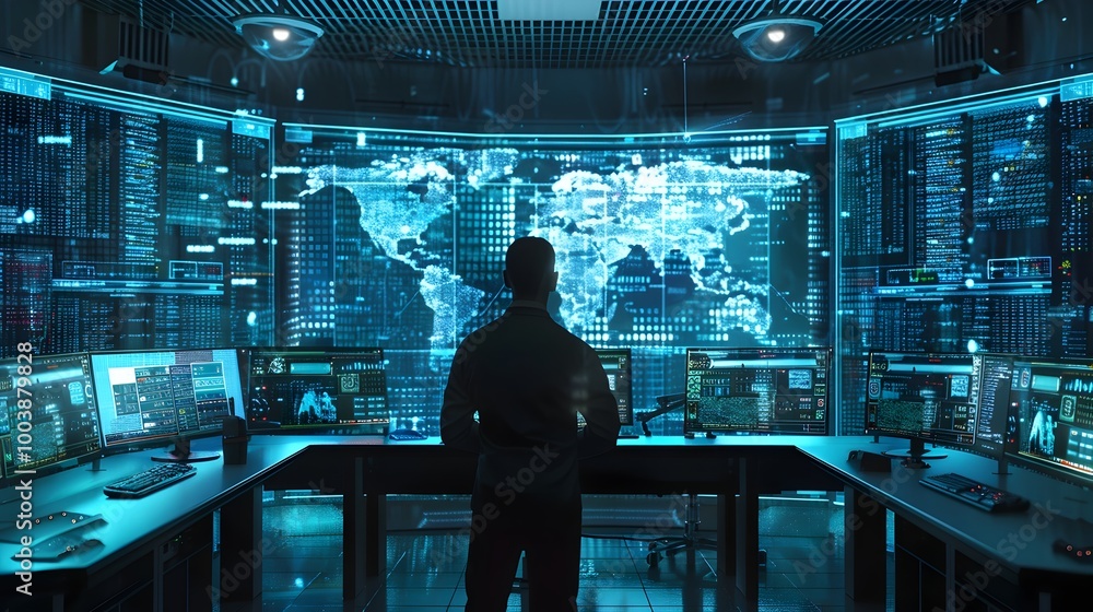 Cybersecurity Expert Monitoring Quantum Secured Data Streams in High Tech Control Room with Holographic Threat Maps Cybersecurity Expert Monitoring Quantum Secured Data Streams in High Tech Control Room with Holographic Threat Maps