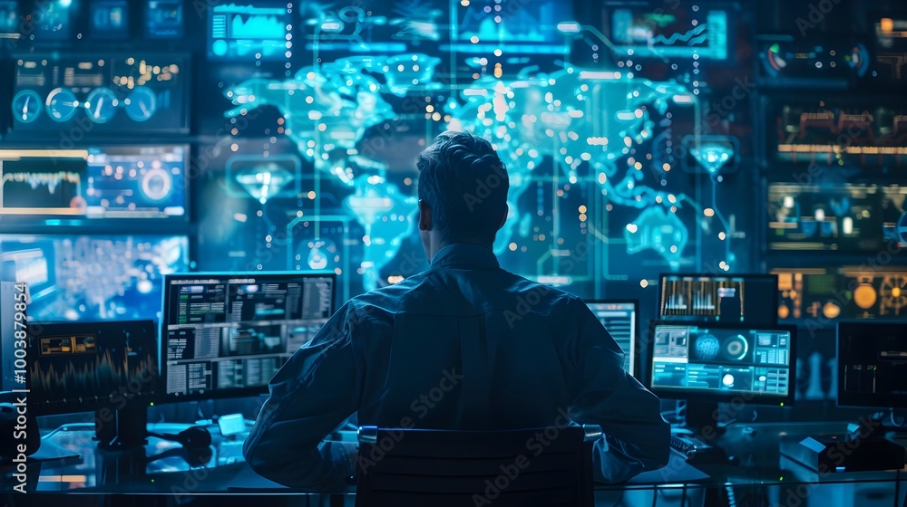 Cybersecurity Expert Monitoring Quantum Secured Data Streams in High Tech Control Room Cybersecurity Expert Monitoring Quantum Secured Data Streams in High Tech Control Room