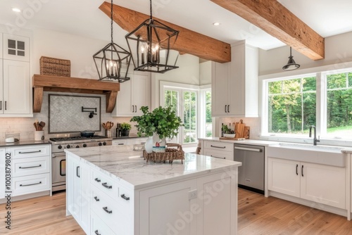 Modern kitchen with white cabinets and marble countertops, featuring two pendant lights and a large window with a view of the backyard.