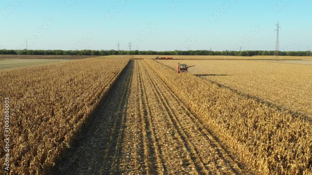 Aerial view of combine, harvester machine harvest ripe maize Aerial view of combine, harvester machine harvest ripe maize