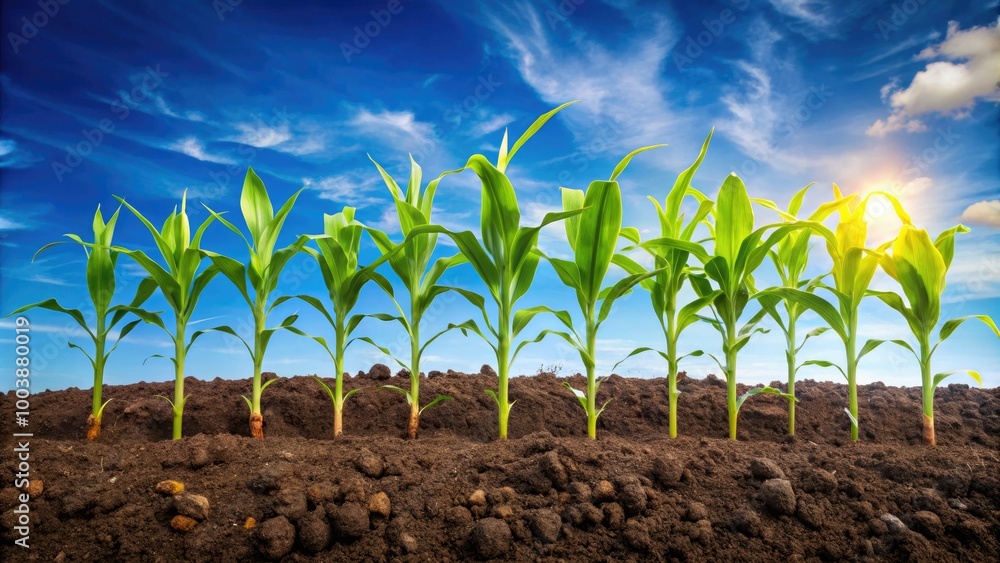 From seedling to mature plant, corn flourishes in a verdant field, basking in sunlight, thriving under a clear blue sky, representing nature’s abundant beauty. From seedling to mature plant, corn flourishes in a verdant field, basking in sunlight, thriving under a clear blue sky, representing nature’s abundant beauty.