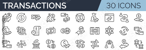 Set of 30 outline icons related to transactions. Linear icon collection. Editable stroke. Vector illustration