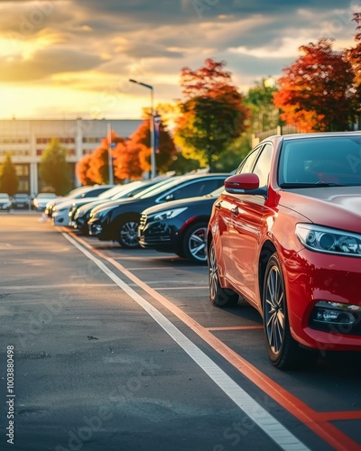 Car parked at outdoor parking lot. Used car for sale and rental service. Car insurance background. Automobile parking area. Car dealership and dealer agent concept. Automotive industry. Electric auto