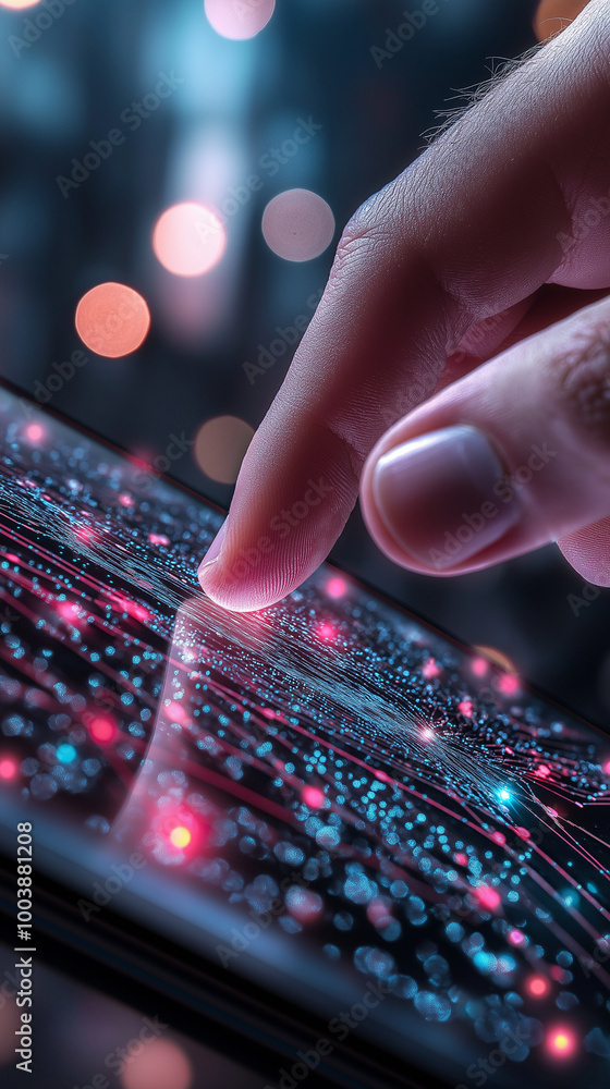 Close-Up of a Finger Interacting with a Futuristic Touchscreen Interface, Featuring Glowing Digital Patterns and Abstract Tech Aesthetics in High-Resolution with Cyberpunk Lighting Close-Up of a Finger Interacting with a Futuristic Touchscreen Interface, Featuring Glowing Digital Patterns and Abstract Tech Aesthetics in High-Resolution with Cyberpunk Lighting