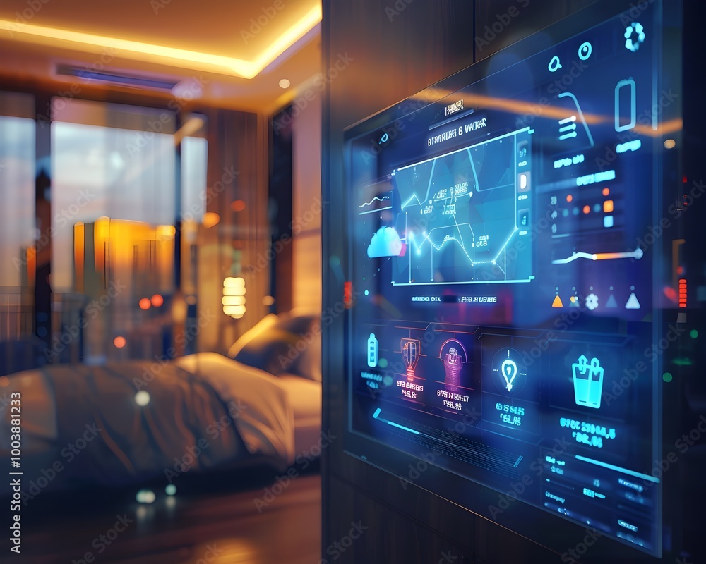 Obraz premium Smart Grid Interface in Luxury Hotel Allowing Guests to Control Room Energy Settings and View Sustainability Metrics