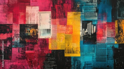 Abstract collage art with red, yellow, blue. Ideal for projects about urban design, modern art, or creative expression.