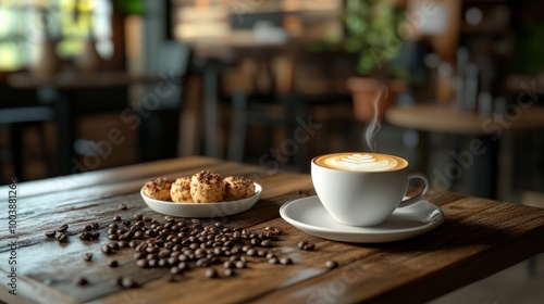 An inviting image of a cozy etting with a table featuring a cup of coffee, a small plate of pastries, and a backdrop of coffee beans, perfect for a relaxing afternoon. photo