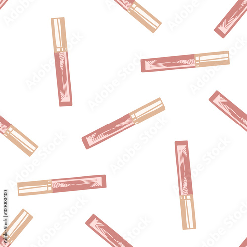 Flat style lip gloss, liquid lipstick or liquid eye shadow, beauty cosmetic element, self care seamless pattern. Illustration for beauty salon, cosmetic store, makeup design.