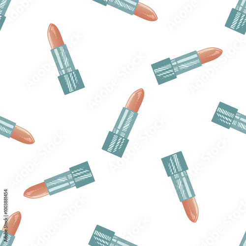 Flat style lipstick, beauty cosmetic element, self care seamless pattern. Illustration for beauty salon, cosmetic store, makeup design. Doodle sketch style.