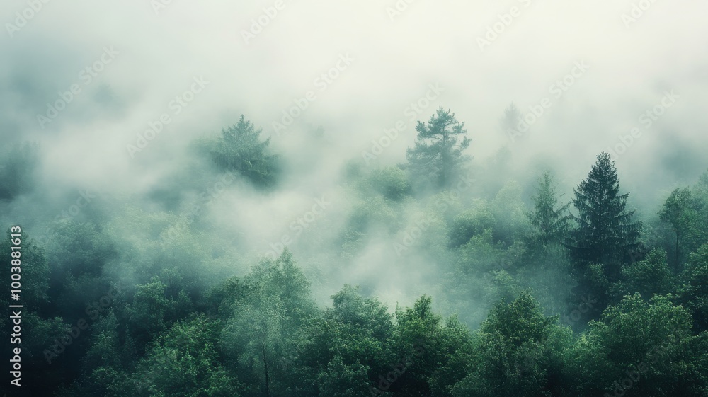 Misty forest landscape with lush trees shrouded in fog and tranquility. Misty forest landscape with lush trees shrouded in fog and tranquility.
